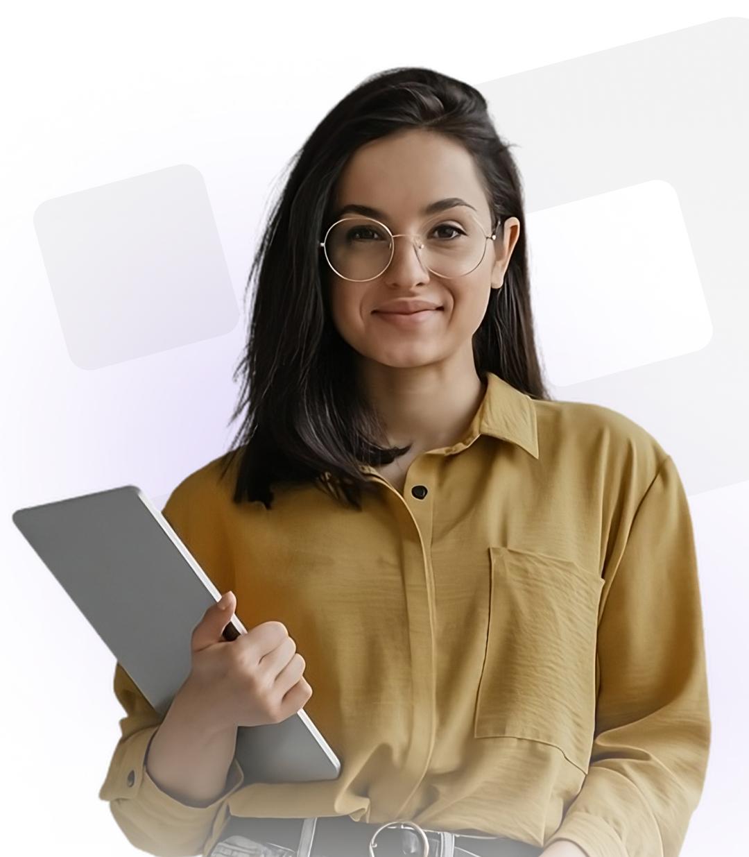 A woman smiling and holding a tablet in front of the Encore logo.